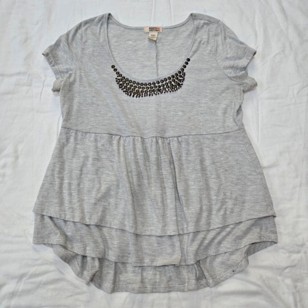 Route 66 Gray Cap Sleeve Embellished Tiered Tee